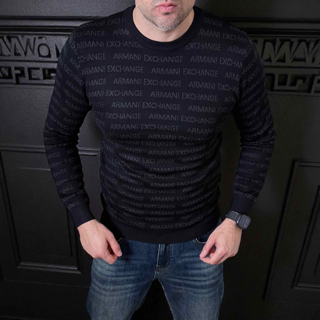 Чоловічий джемпер Armani чорний брендовий светр Армані люкс якість