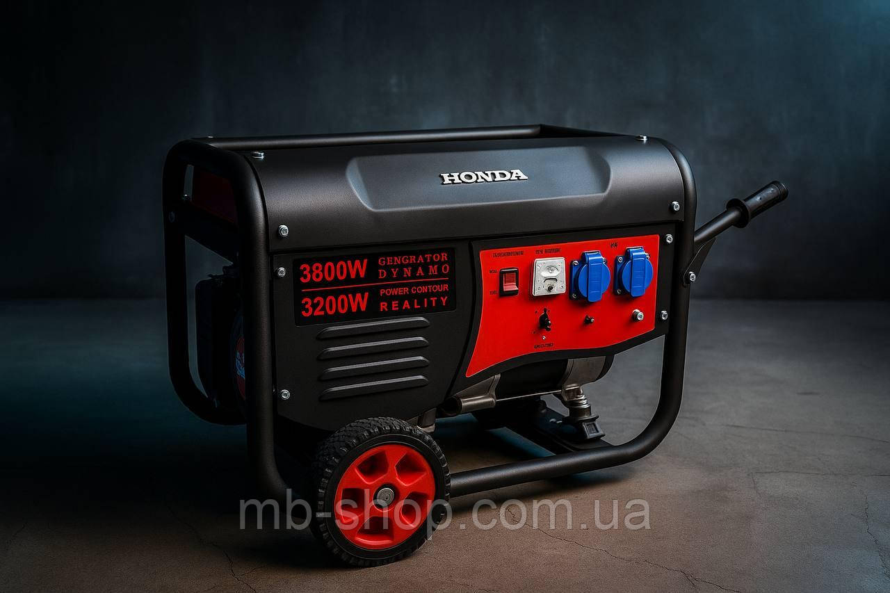 Генератор газ/бензин Honda 3.8 кВт з мідною обмоткою (на колесах) ручний стартер, фото 1