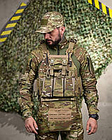 Тактическая военная плитоноска 4 точки быстрого сброса с напашником подсумками Мультикам армейский бронежилет