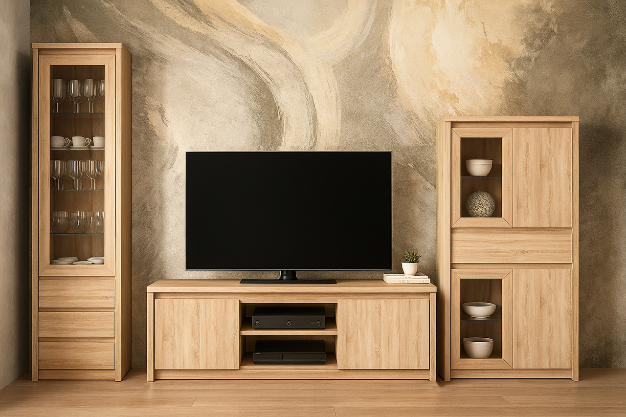 Сучасна модульна вітальня стінка під телевізор 55 дюймів у стилі модерн у вітальню зал Norton VMV Holding дуб сонома 270 см