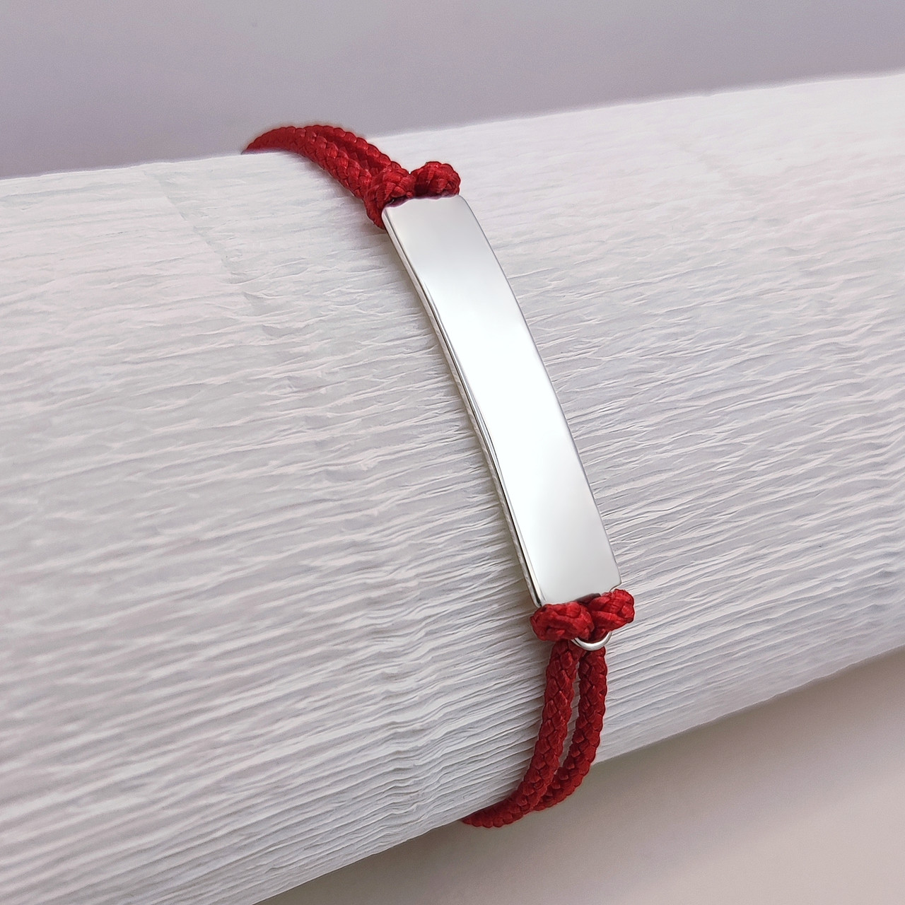 Срібний браслет з червоною шовковою ниткою під гравіювання, фото 1