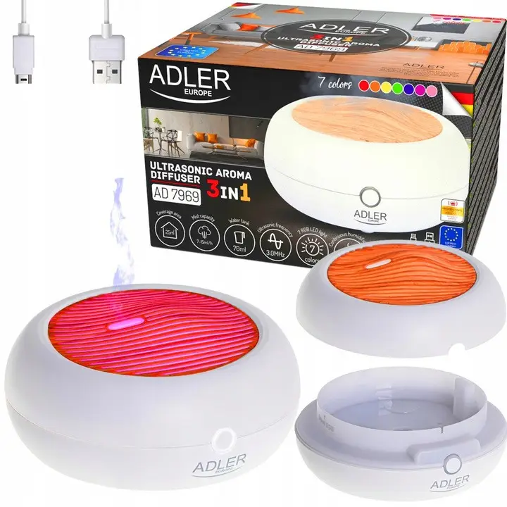 Ультразвуковой аромадиффузор Adler AD 7969, 70 мл, USB, LED-підсвітка, авто-вимкнення, 3-в-1 (аромотерапія, зволоження, лампа), фото 1