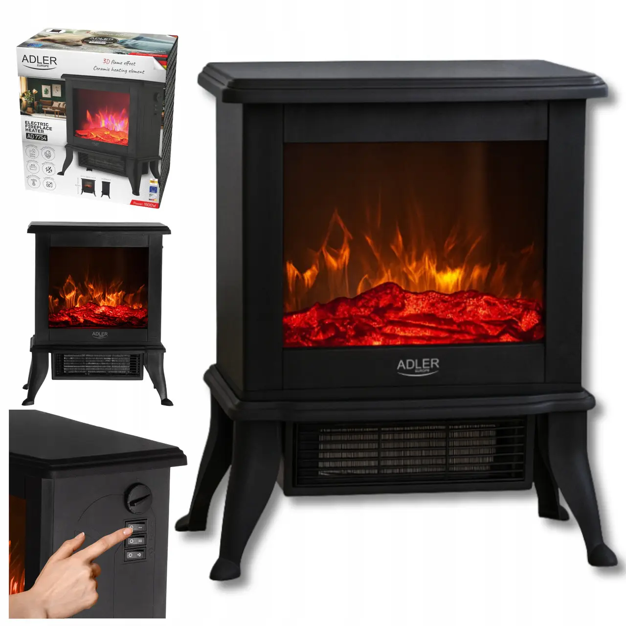 Електрокамін Adler AD 7754, 1800 Вт, 3D-ефект полум’я, термостат, керамічний нагрівальний елемент, чорний, фото 1