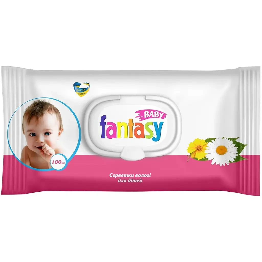 Серветки вологі дитячі Fantasy Baby, з клапаном (ромашка, календула, Д-пантенол) (100 шт./уп.)