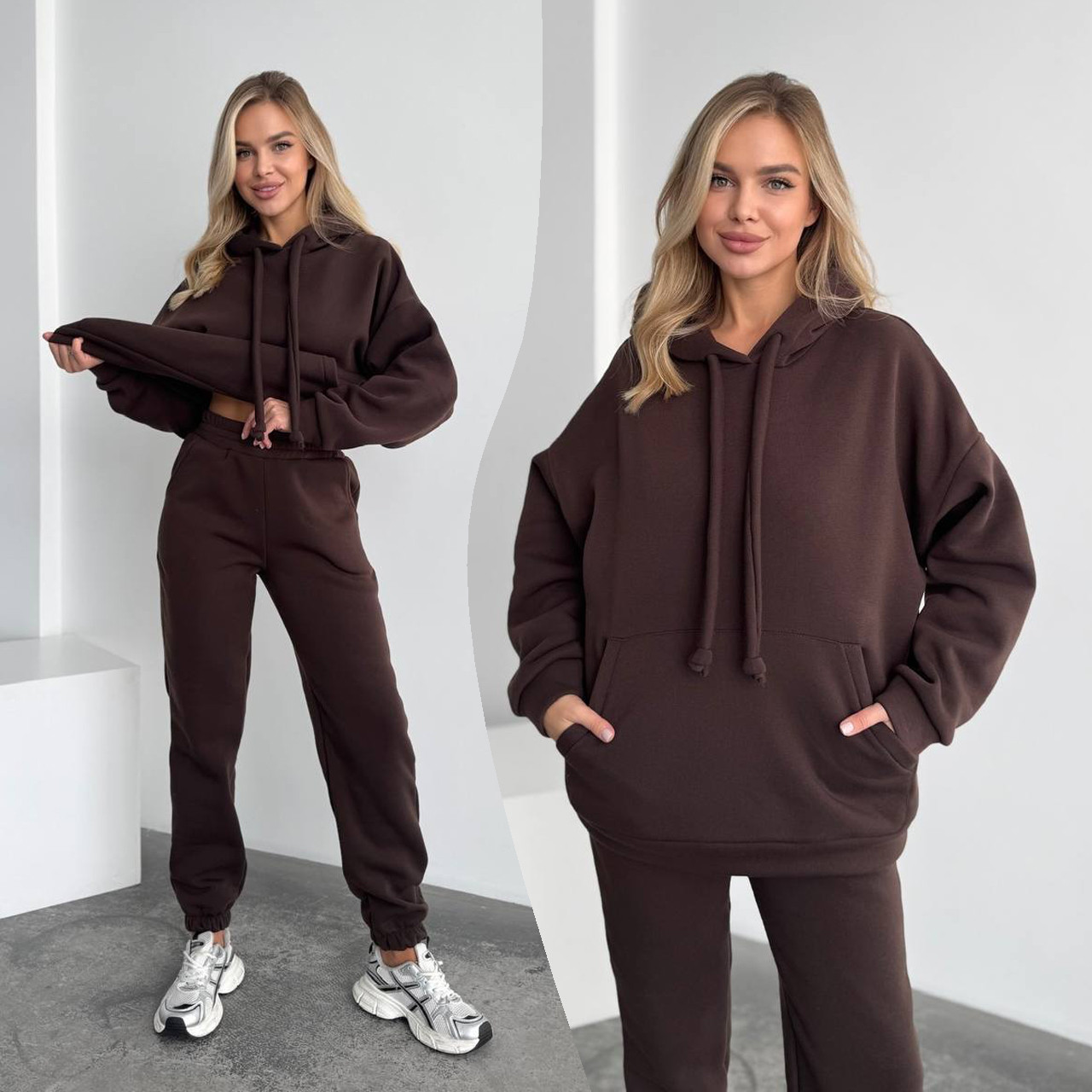 Коричневий теплий жіночий костюм з об'ємним худі з тринитки на флісі, фото 1