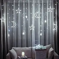 Гирлянда светодиодная штора звезда-месяц 4 метра * 0.8 метра белый с различными режимами от сети с коннектором