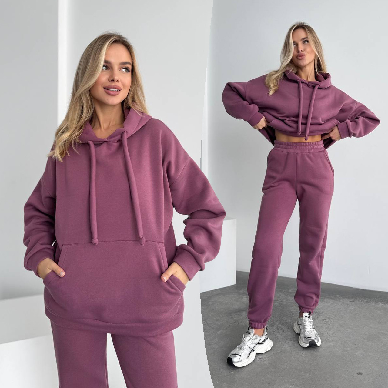 Фрезовий теплий жіночий костюм з об'ємним худі з тринитки на флісі, фото 1