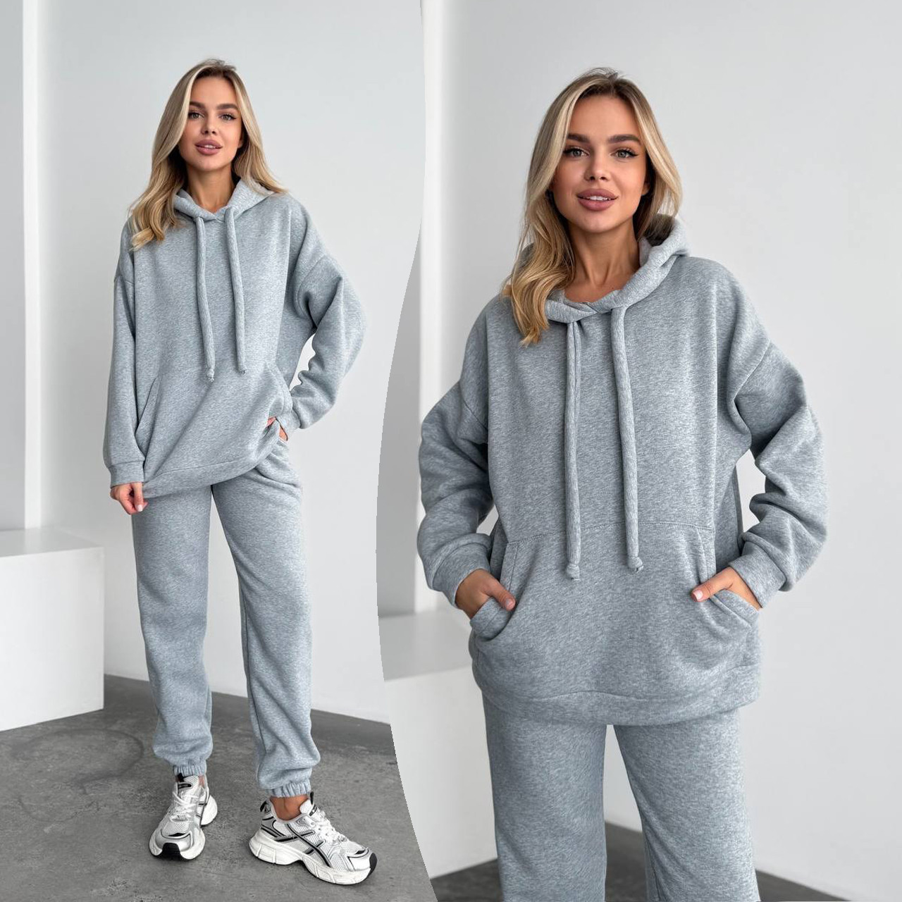 Сірий теплий жіночий костюм з об'ємним худі з тринитки на флісі, фото 1