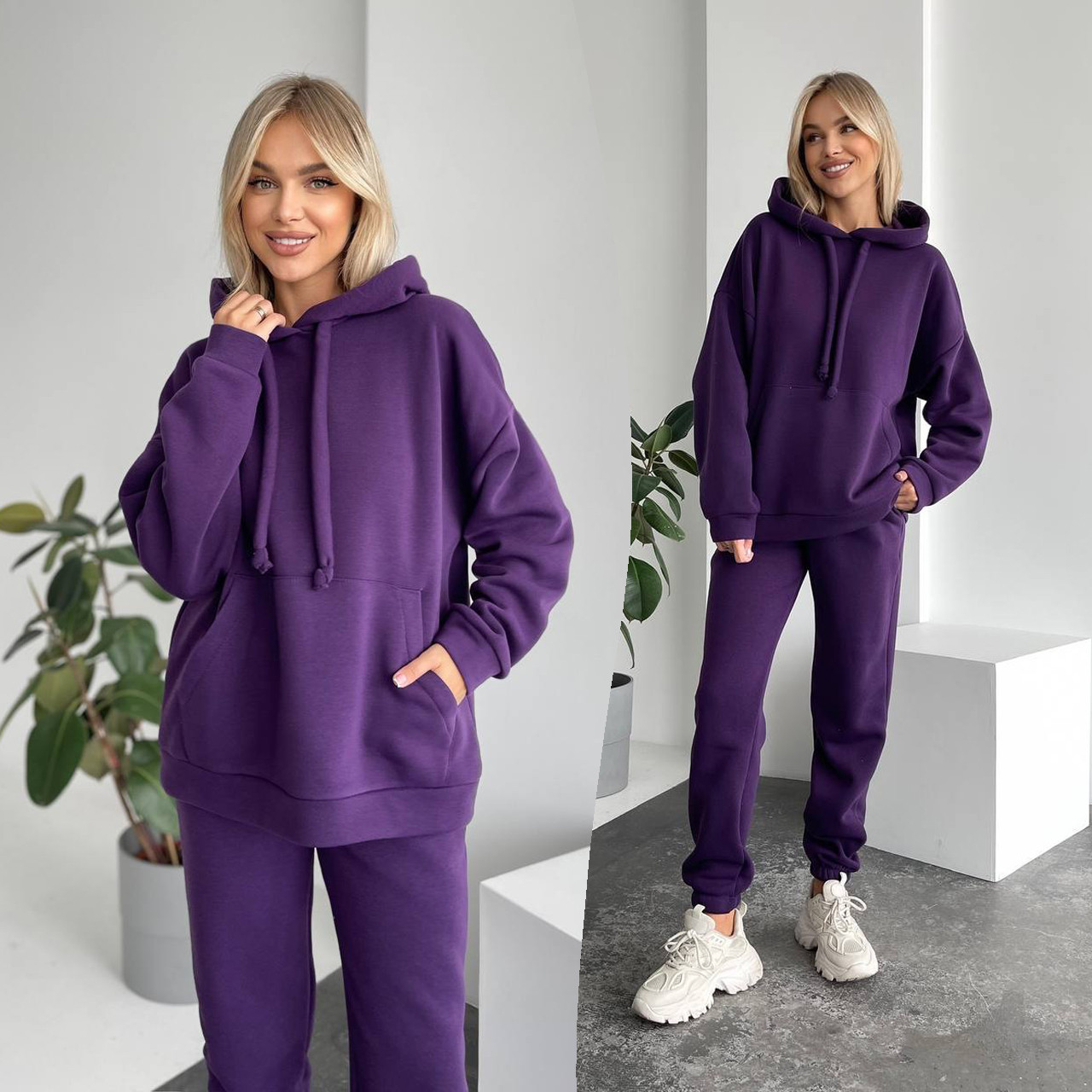 Фіолетовий теплий жіночий костюм з об'ємним худі з тринитки на флісі, фото 1