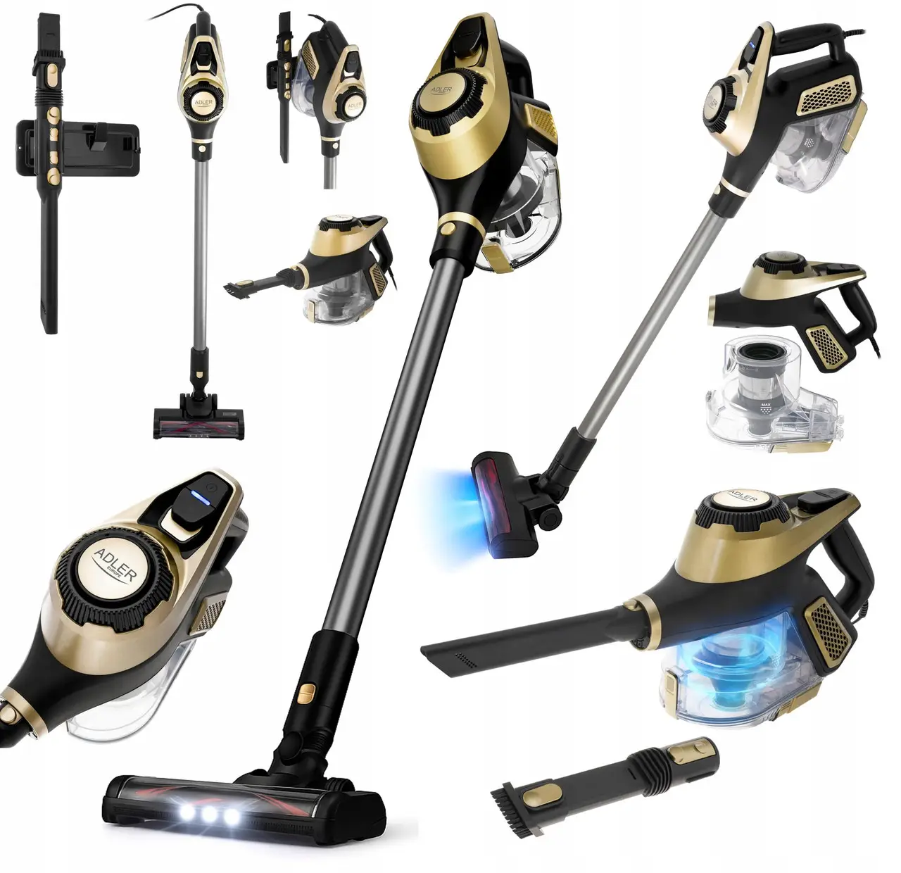 Вертикальний пилосос Adler AD 7083 Light Gold, 700 Вт, 15 000 Па, HEPA 13, електрощітка з LED-підсвіткою, контейнер 0,8 л, фото 1