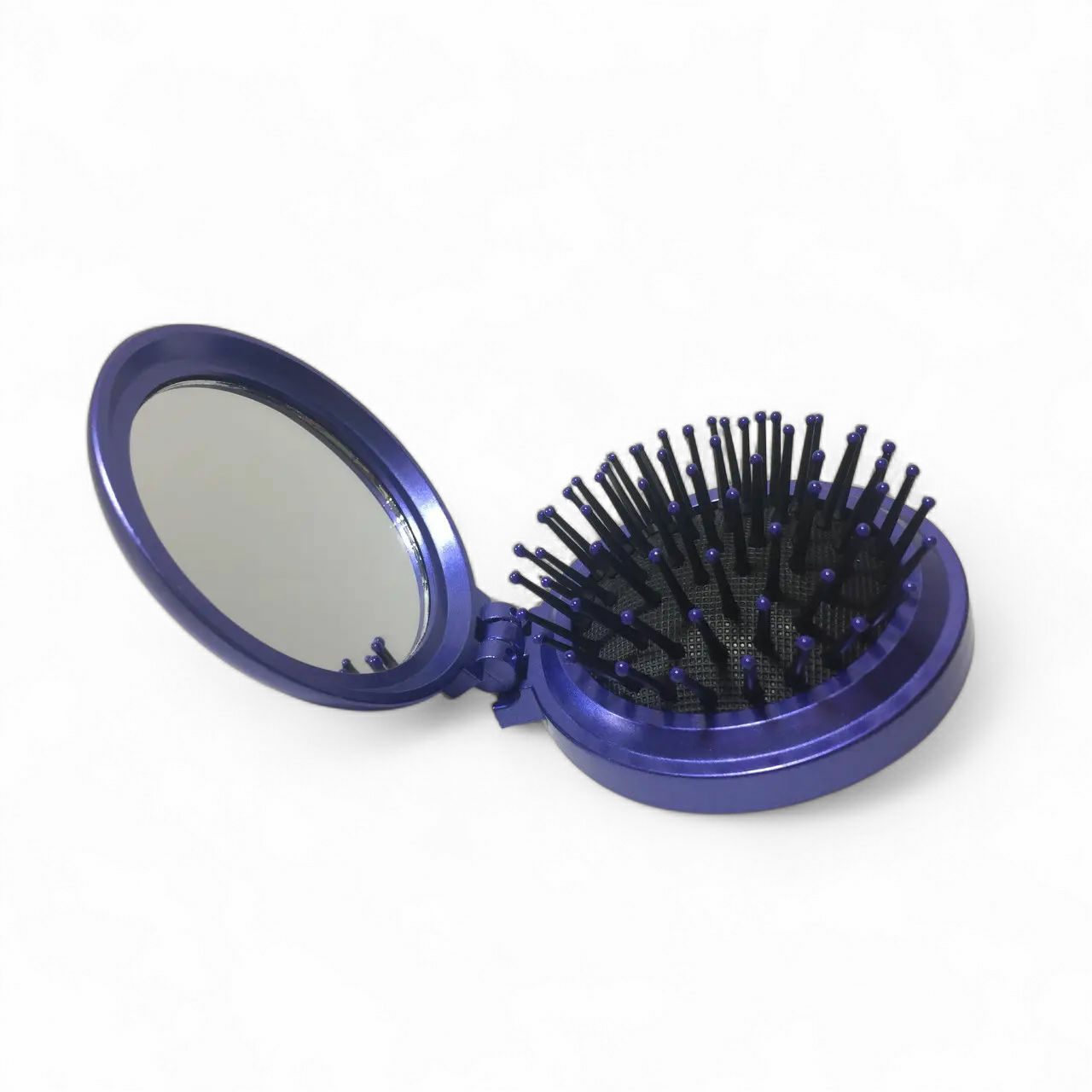 Гребінець складаний компактний із дзеркальцем синій 2-в-1. Кругла масажна щітка для дамської сумочки та дітей., фото 1