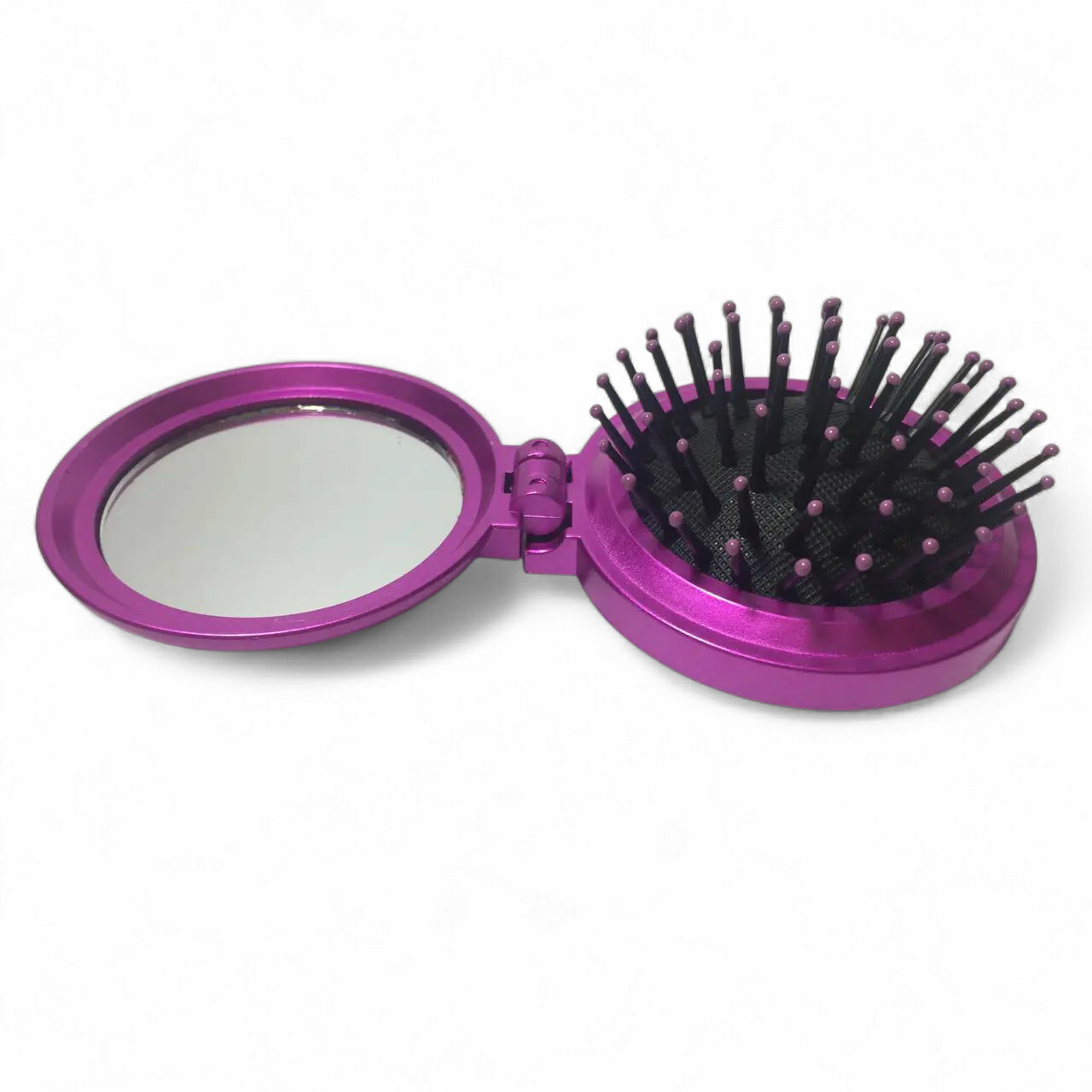 Круглий складаний гребінець із дзеркальцем Travel Size рожевий. Кишенькова масажна щітка для легкого розчісування., фото 1