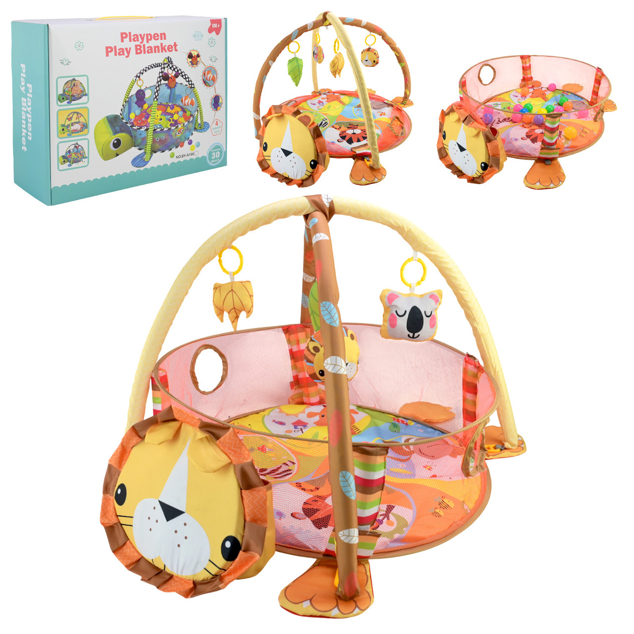 Килимок-манеж для малюків BY-A189, 3 в 1, з брязкальцями на дузі, фото 1