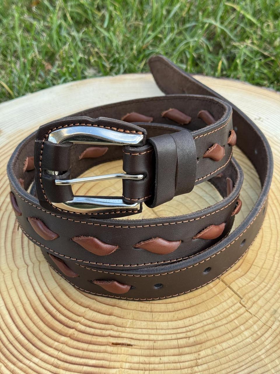 Ексклюзивний коричневий ремінь із натуральної шкіри з плетенням, ширина 3.5 см, фото 1