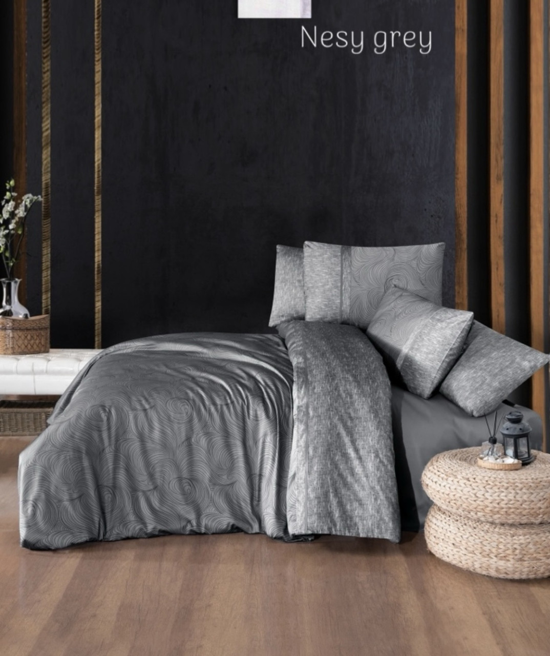 Постільна білизна сатинова La Romano Premium 300 TC євро розмір Nesy grey, фото 1