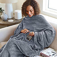 Плед халат із рукавами та кишенею флісовий оверсайз для дому та відпочинку теплий затишний сірий