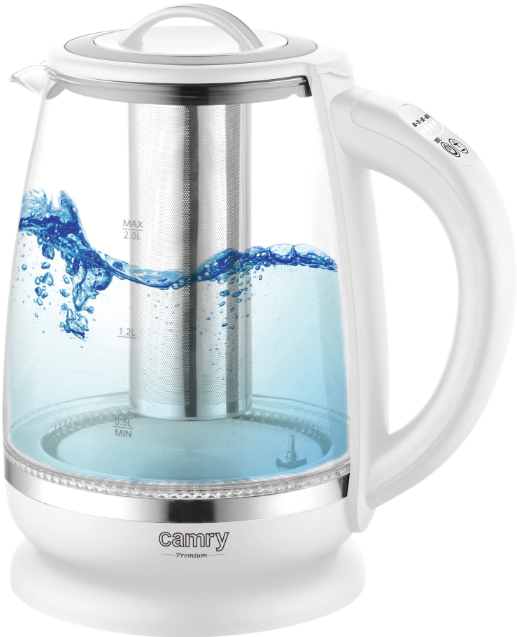 Скляний чайник білий Camry CR 1290 2,0 л з заварником і терморегулятором, фото 1
