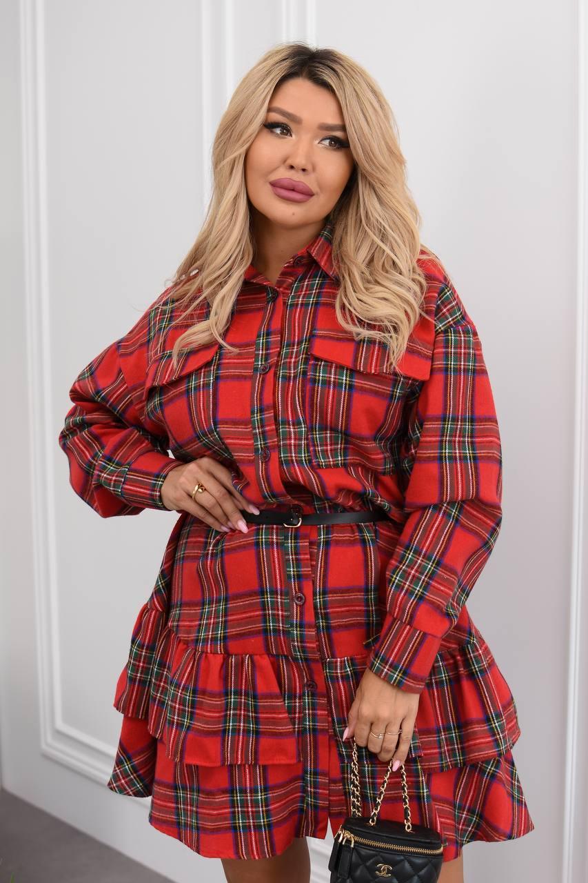 Сукня з фланелі з ґудзиками і резинкою на талії Модель: 802-2118 Колір: чорний, червоний, синій, бежевий, хакі, фото 1