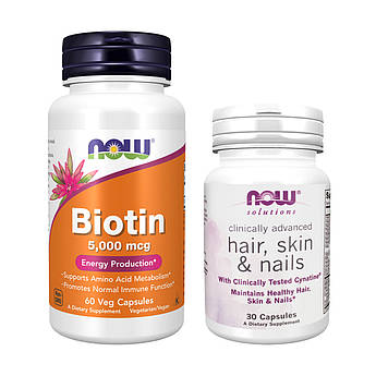 NOW БІОТИН 5000мкг №60 + NOW CLINICAL HAIR, SKIN&NAILS №30, вітаміни для волосся, шкіри, нігтів, набір зі знижкою, 2 шт