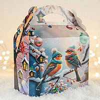 Святкова картонна коробка для подарунків і солодощів "Зимові синички" №207 800 г новорічна упаковка