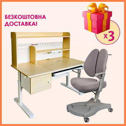 Комплект парта стіл з надбудовою Cubby Toru Grey + дитяче ортопедичне крісло з підлокітниками Fundesk Leone Grey для школяра, фото 1