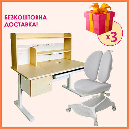 Комплект парта стіл з надбудовою Cubby Toru Grey + дитяче ортопедичне крісло Cubby Bunias Grey для школяра, фото 1
