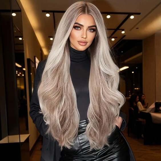 Перука густа попеляста русявий колорування у блонд довга хвиляста 71 см імітація шкіри голови, фото 1