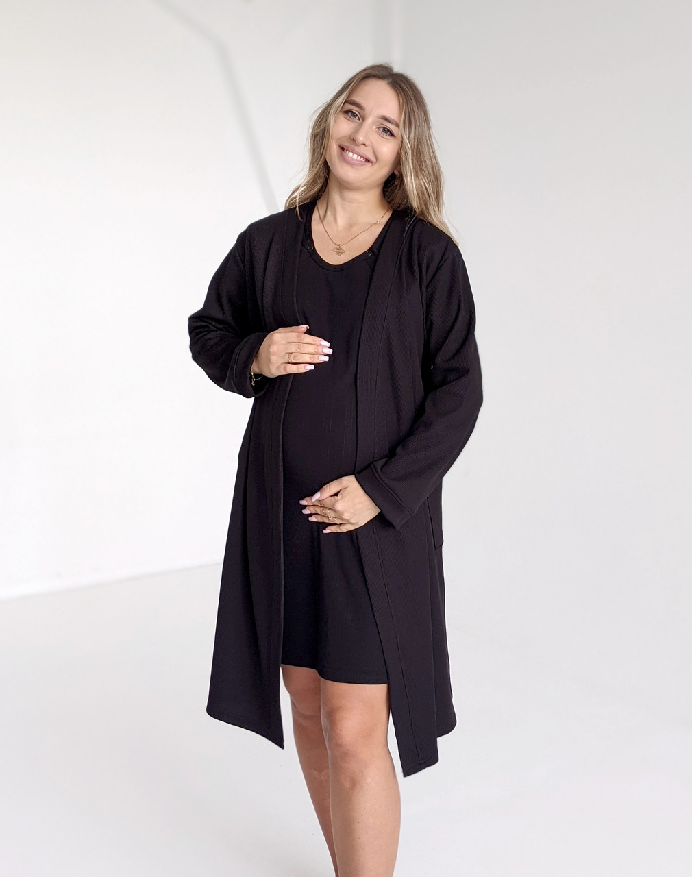 Комплект теплий вафельний халат і сорочка для годування (чорний), фото 1