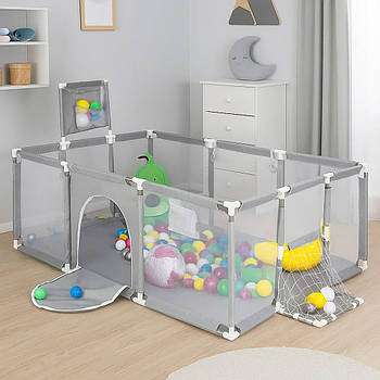 Дитячий манеж з баскетбольним кільцем, 180х120см, Сірий / Ігровий манеж для дітей / Манеж-ігровий майданчик / Складний манеж