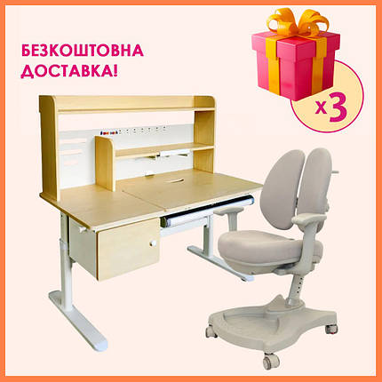 Комплект парта стіл з надбудовою Cubby Toru Grey + дитяче ортопедичне крісло з підлокітниками Fundesk Vetro Grey для школяра, фото 1