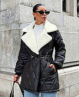 Жіноча тепла чорна куртка з еко пухом і хутром. 42-46; 48-52.