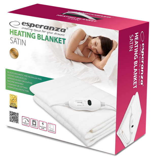 Електроковдра Esperanza Satin EHB002 White, 150 Х 80 см, 60 Вт, 3 режими нагрівання, Польща