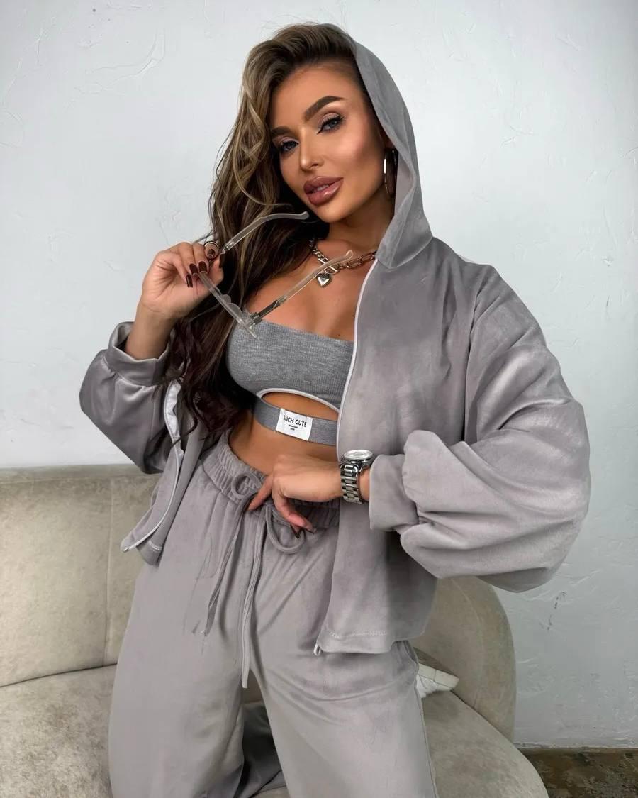 Костюм з велюру плюш Модель: 1491-306 Колір: рожевий, чорний, мокко, блакитний, сірий, фото 1