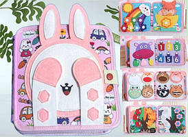 М'яка книжка-бізіборд C 74034 (45) фетр, пальчикові ігри, цифри, сортер по кольорах, пискавка, елементи на липучках та кнопках, в