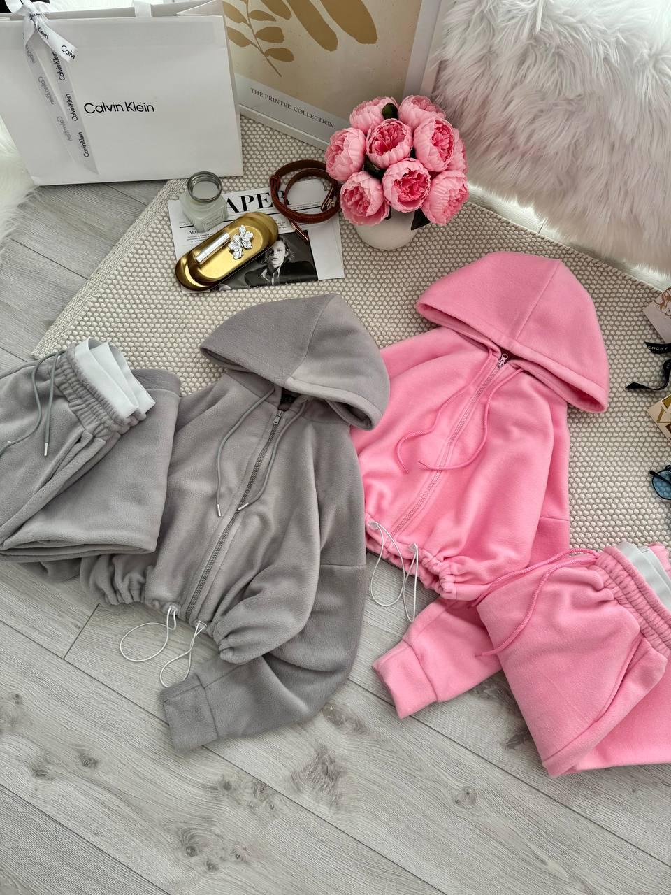 Костюм з худі на блискавці з куліскою Модель: 1491-428 Колір: чорний, рожевий, шоколад, сірий, фото 1