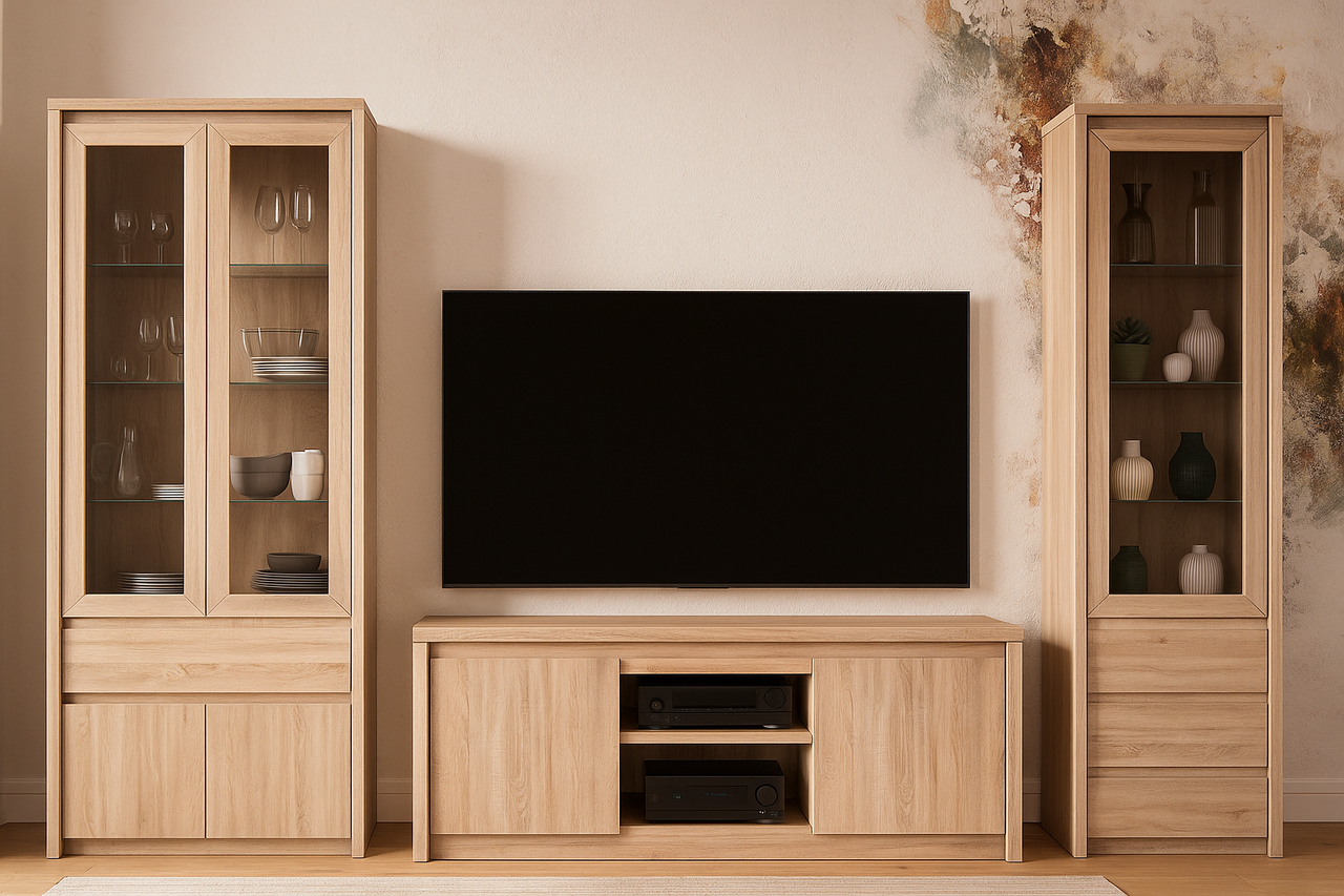 Стильна модульна тв стінка під телевізор 55 дюймів у сучасному стилі у вітальню зал ЛДСП Norton VMV Holding дуб сонома 272 см