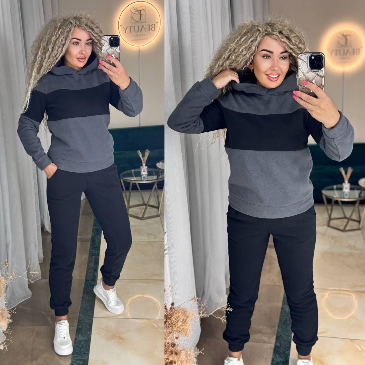 Жіночий флісовий спортивний костюм кофта с капюшоном и джоггеры (Норма та напівбатал), фото 1