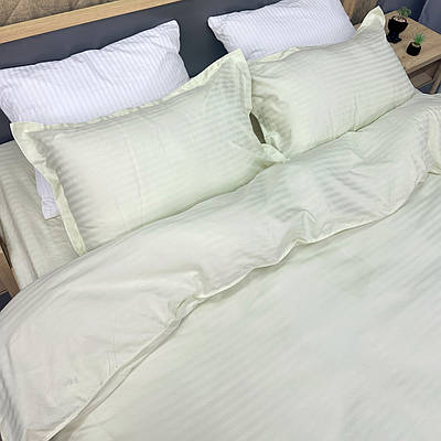 Комплект постільної білизни Страйп-сатин Двоспальний 180х220 з простирадлом на резинці 160х200х25 Шампань (88-171)