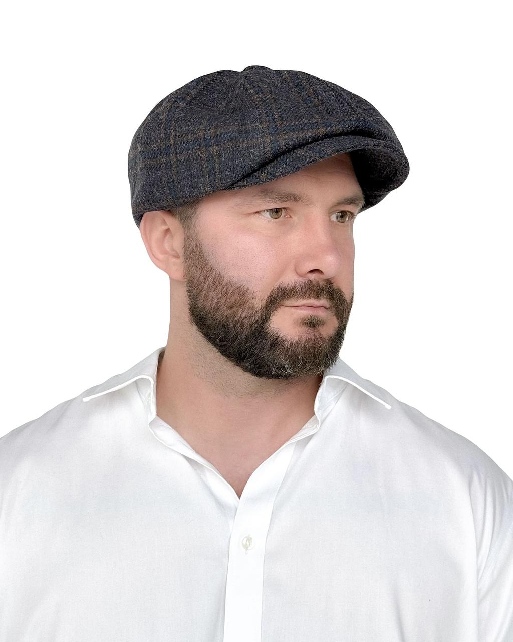 Чоловіча кепка восьмиклинка Gatsby сірого кольору в клітинку з вовни, стильна тепла кепка з регулятором розміру, фото 1