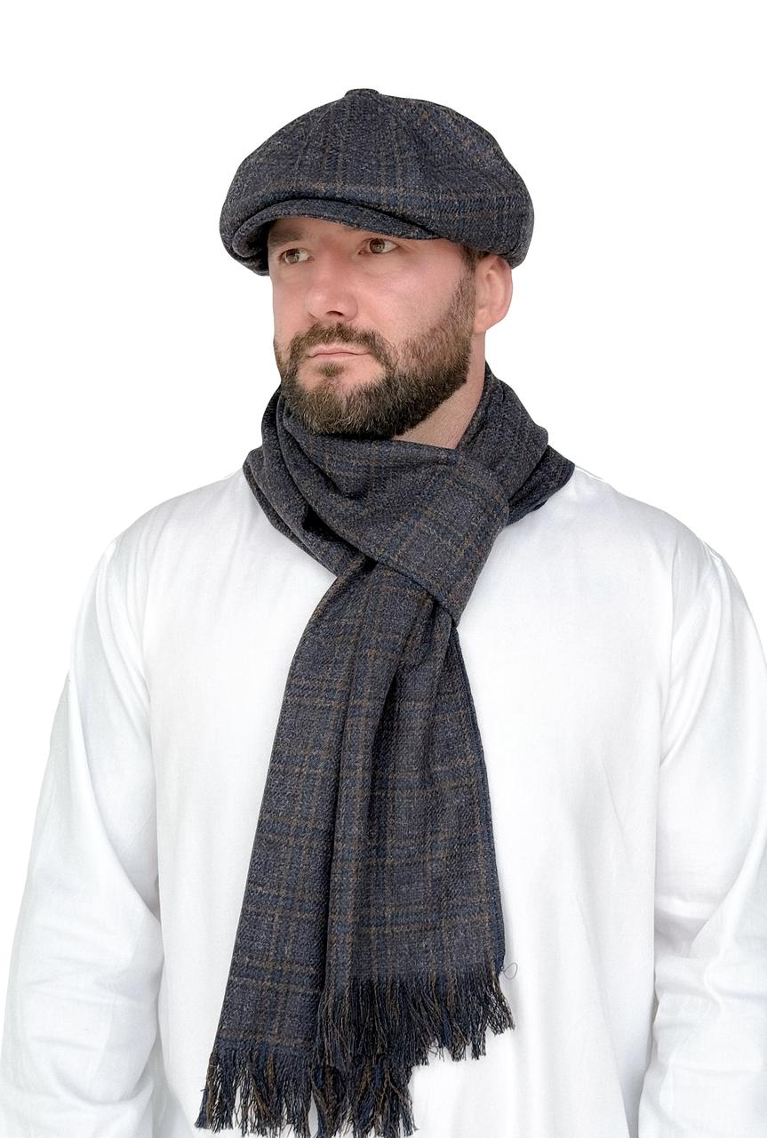 Чоловічий вовняний шарф сірий у клітинку — теплий стильний аксесуар, фото 1
