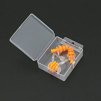 Набір для плавання беруші та затискач для носа силікон (у кейсі) Жовтогарячий