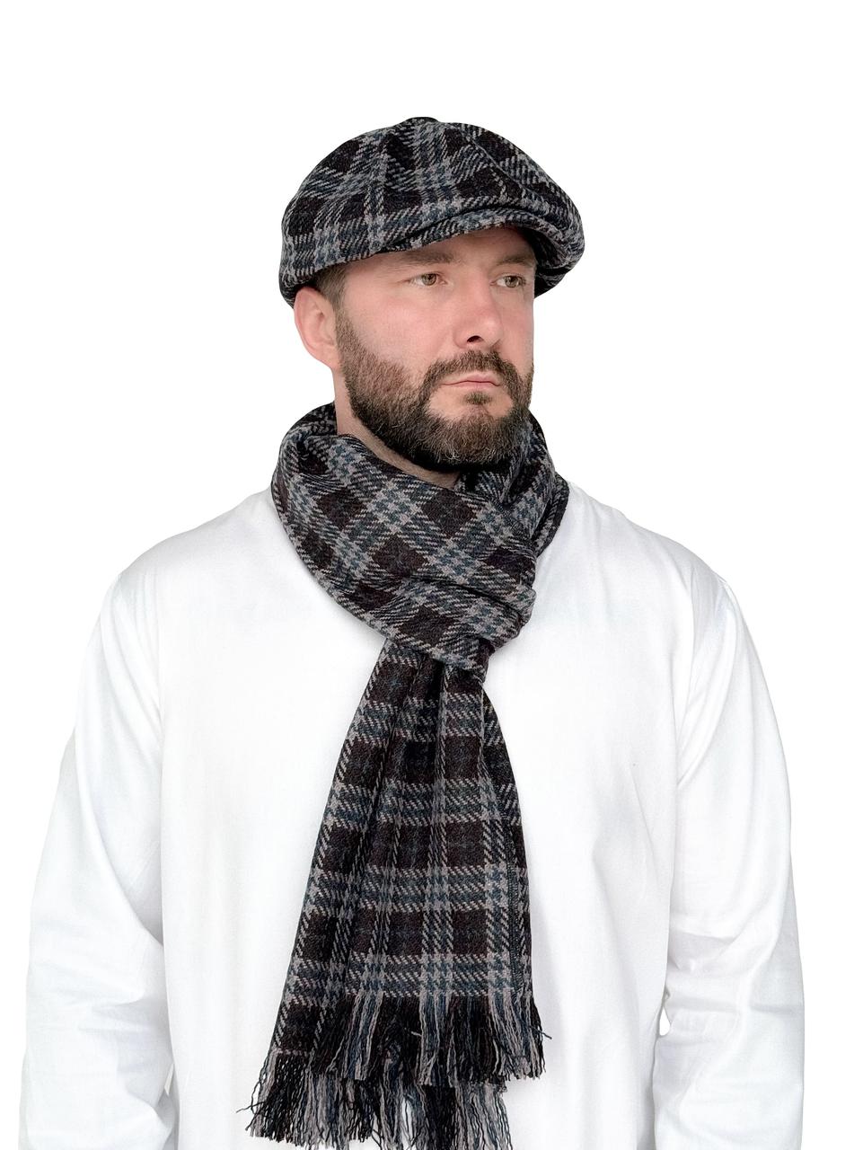Чоловічий теплий вовняний шарф у сіру клітинку, довгий, з бахромою, осінь-зима, фото 1