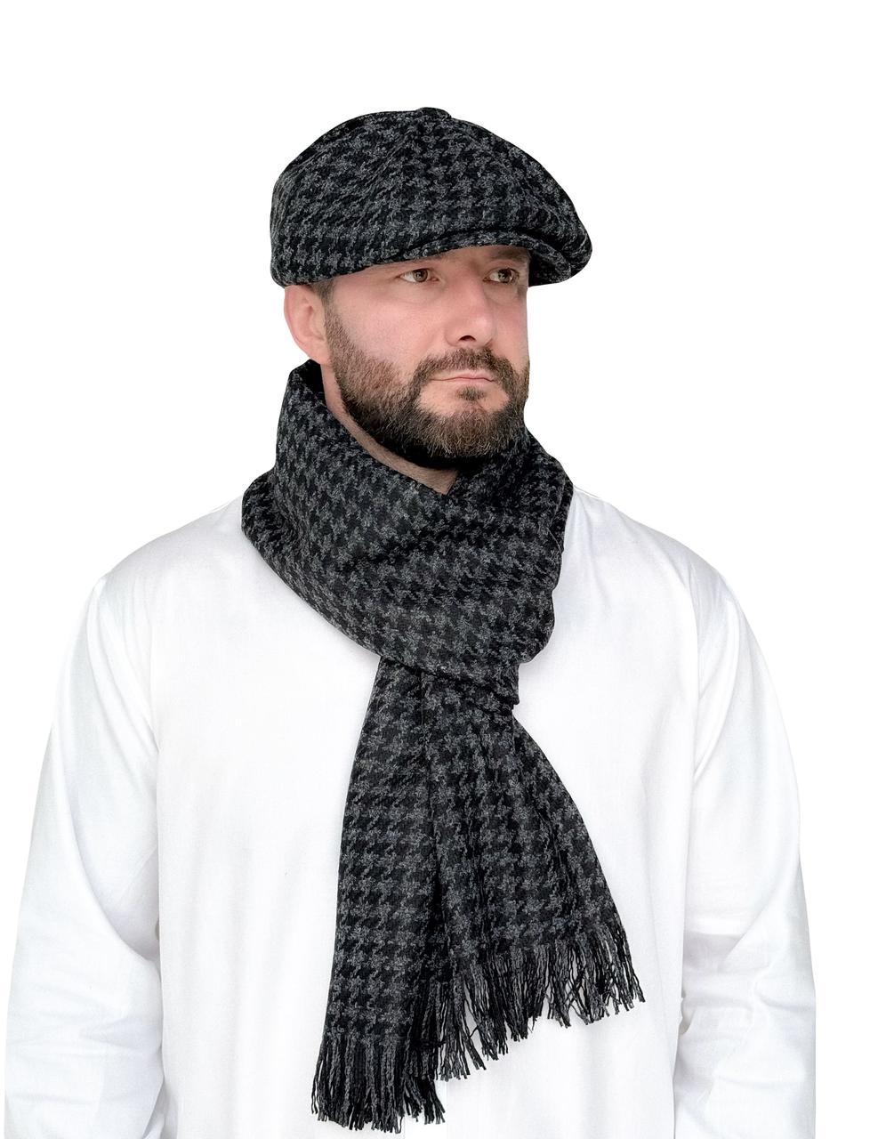 Чоловічий теплий вовняний шарф «Гусяча лапка» сірий з чорним, довгий, вовна, стильний, з бахромою, осінь-зима., фото 1
