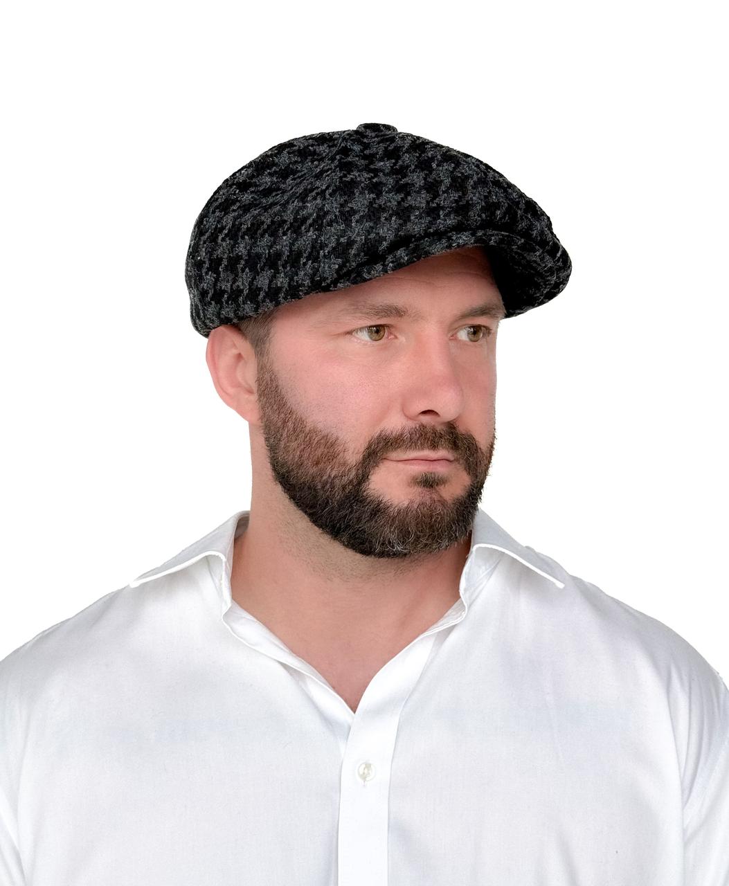 Чоловіча кепка восьмиклинка Гетсбі у чорну з сірою клітинку — вовняна кепка гаврош з регулюванням розміру, фото 1