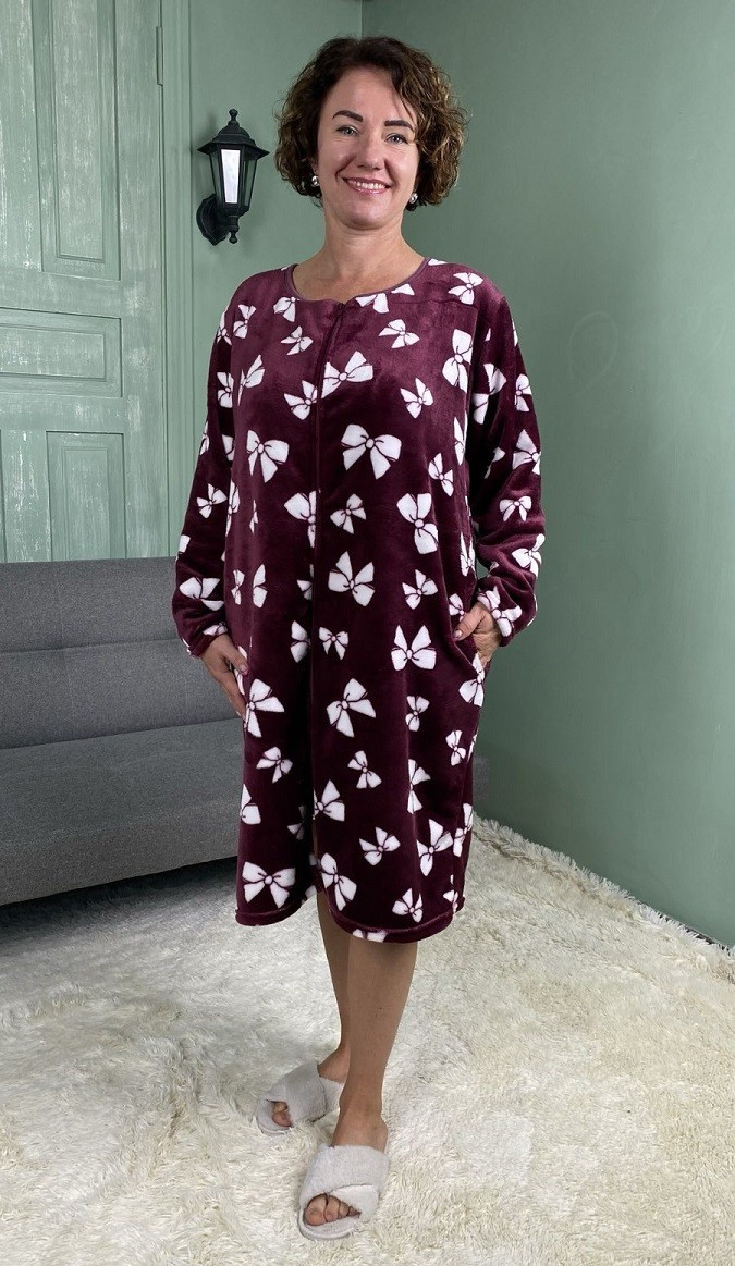 Халат махровий жіночий на блискавці бантик бордовий р.52-62