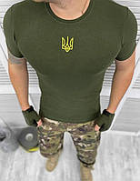 Чоловіча футболка олива з жовтим гербом ХБ легка та зручна для активного відпочинку новий брендовий стиль.