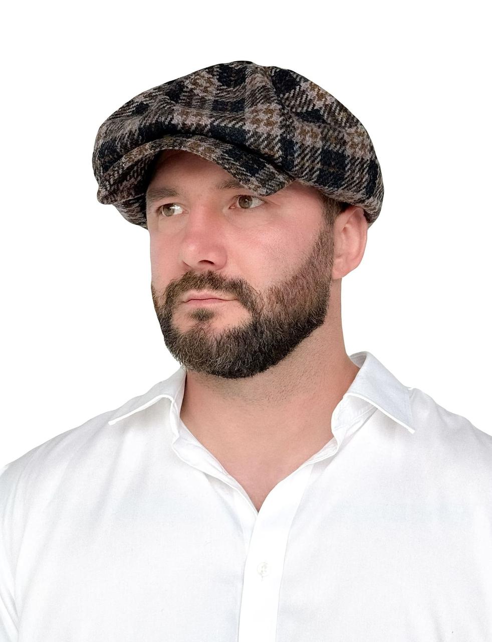 Чоловіча кепка восьмиклинка (гаврош, хуліганка, Gatsby cap) вовняна, об'ємна, коричнева картата, з регулятором розміруу, фото 1