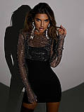 Жіноча вечірня чорна сукня міні з блискучим топом, фото 5