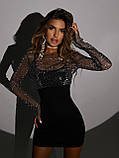 Жіноча вечірня чорна сукня міні з блискучим топом, фото 4