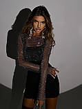 Жіноча вечірня чорна сукня міні з блискучим топом, фото 6
